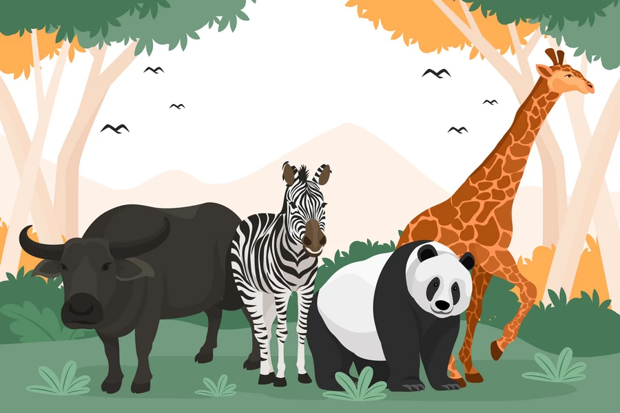 卡通森林动物狮子老虎猴子长颈鹿海豚鸟兔子牛斑马插画海报AI素材【015】